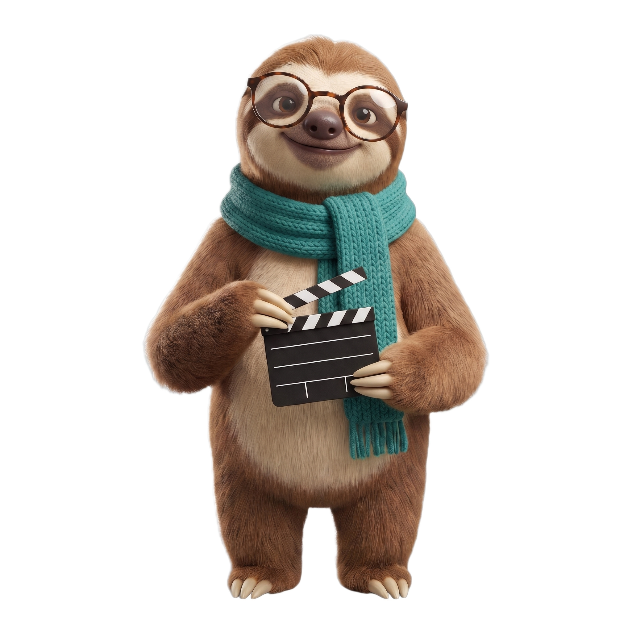 Mascotte immovivo: bradipo con occhiali, sciarpa teal e clapper